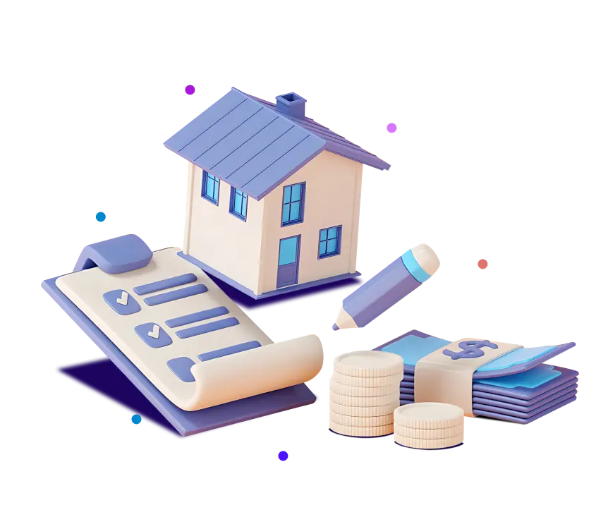 House with a checklist, pen, banknotes and coins